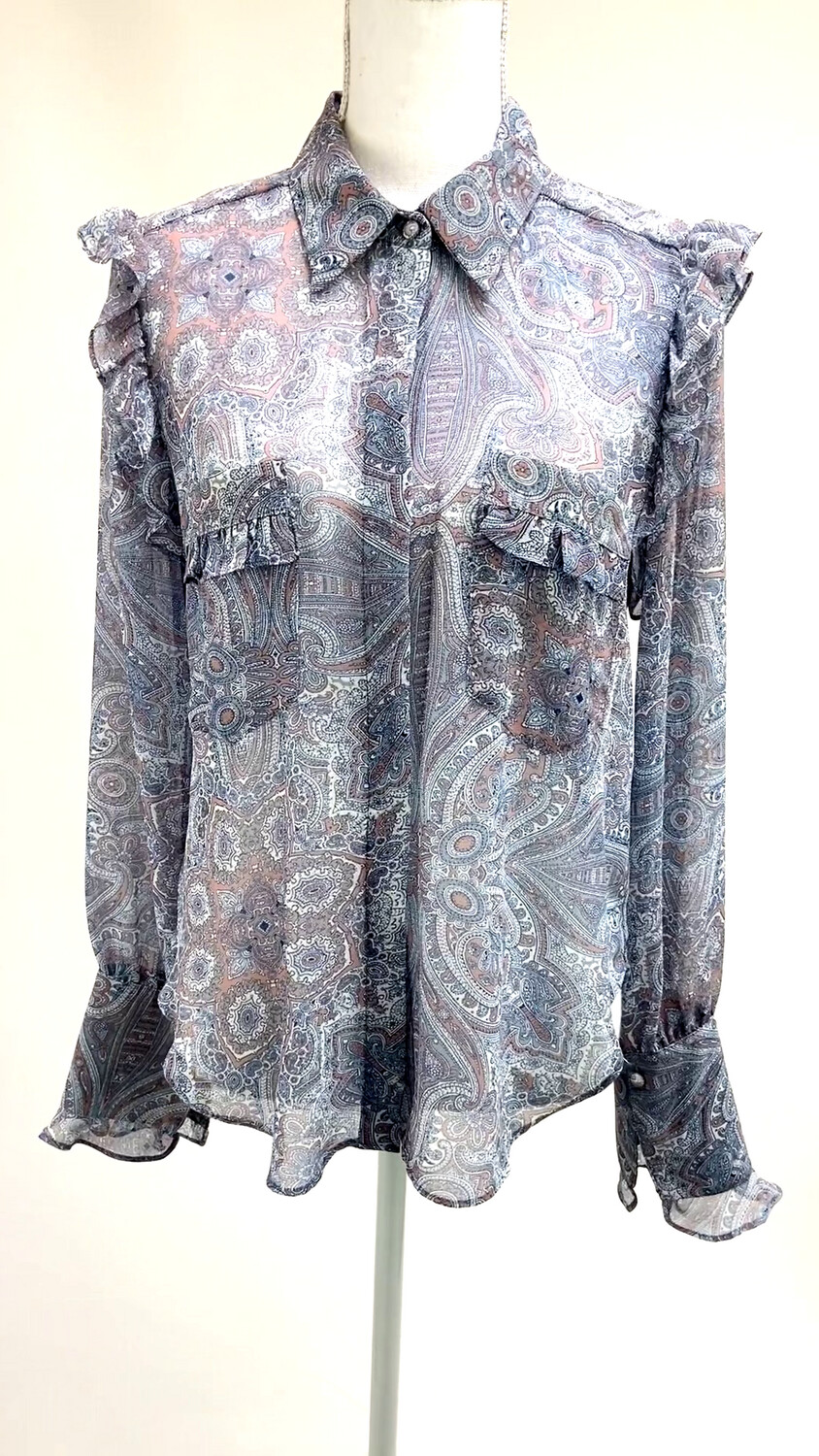 Misa, Blue/Pink Paisley Print Frill Cuffed L/Slv Sheer Shirt