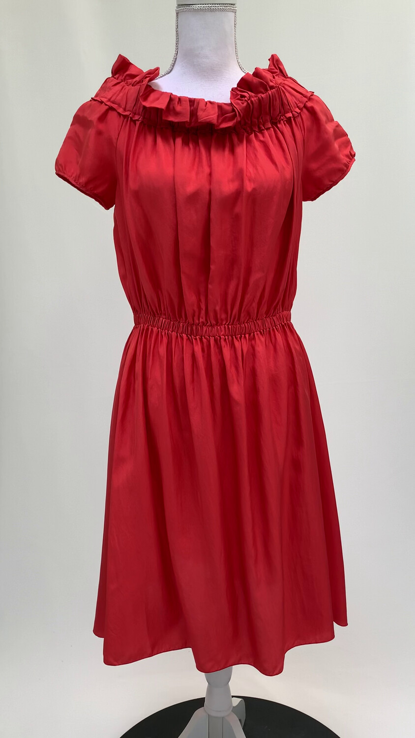 Nina Ricci, Red Frill Pleat Off Shoulder Full Hem S/Slv Silk Dress, Size 42