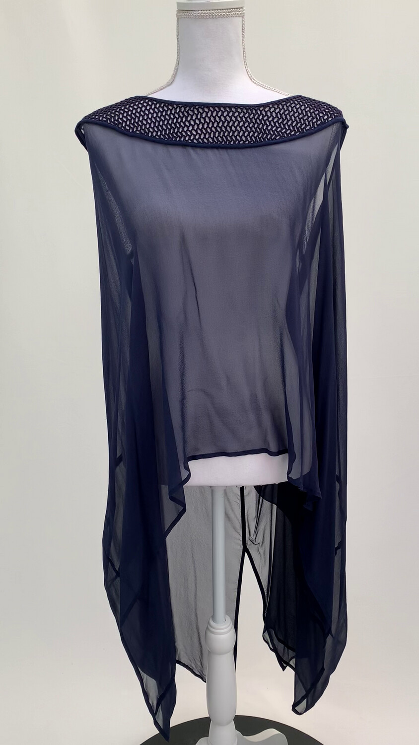 Taylor, Navy Embroidered Neckline Open Back Dropped Back Hem S/Less Silk Top, Size L