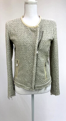 IRO, Lt/Grey/Creams/Black/Silver Lurex Boucle Leather Trims Wool Blend Zip Jacket, Size 1