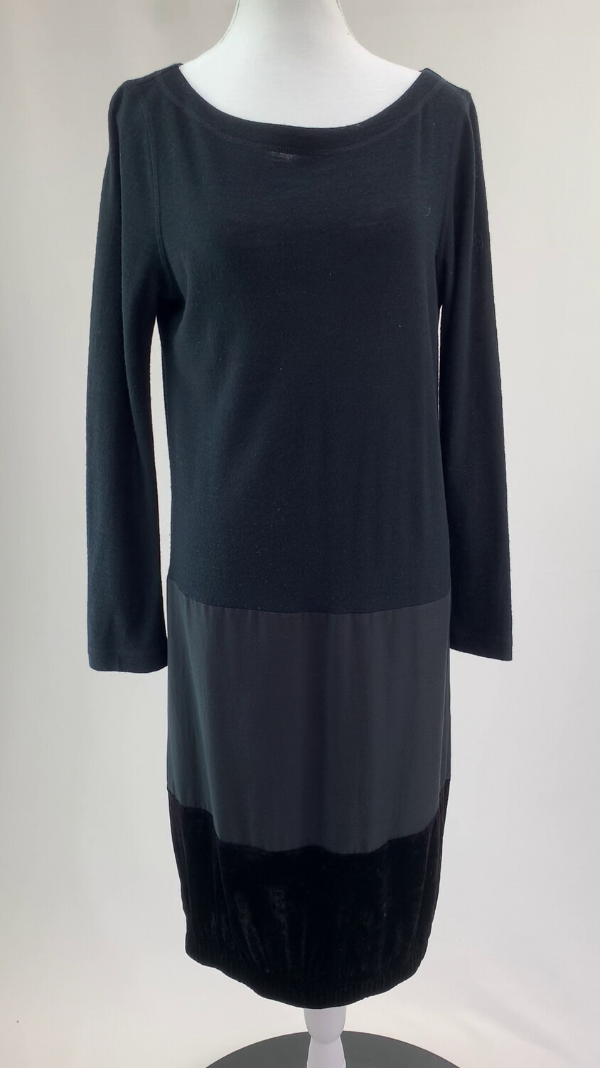 Sonia Rykiel, Black Wide Back Tie Neck Panelled L/Slv Dress With Elasticated Hem, Size M