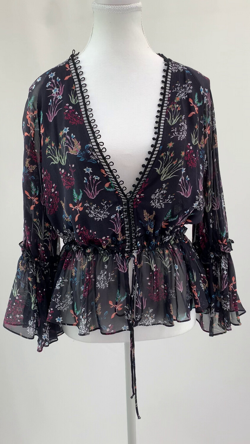 Nicholas, Black/Mutli Floral Lace Trim Peplum Frill D/String Waist Flare Blouson L/Slv Silk Blouse, Size 6