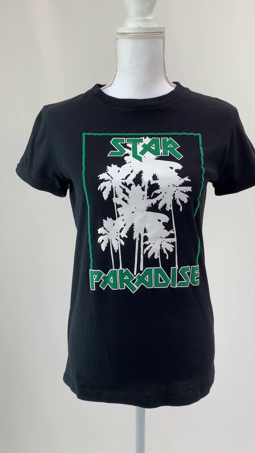 Rika by Ulrika, Black/ Green/ White Palm &quot;Star Paradise&quot; Print S/Slv Tee, Size S