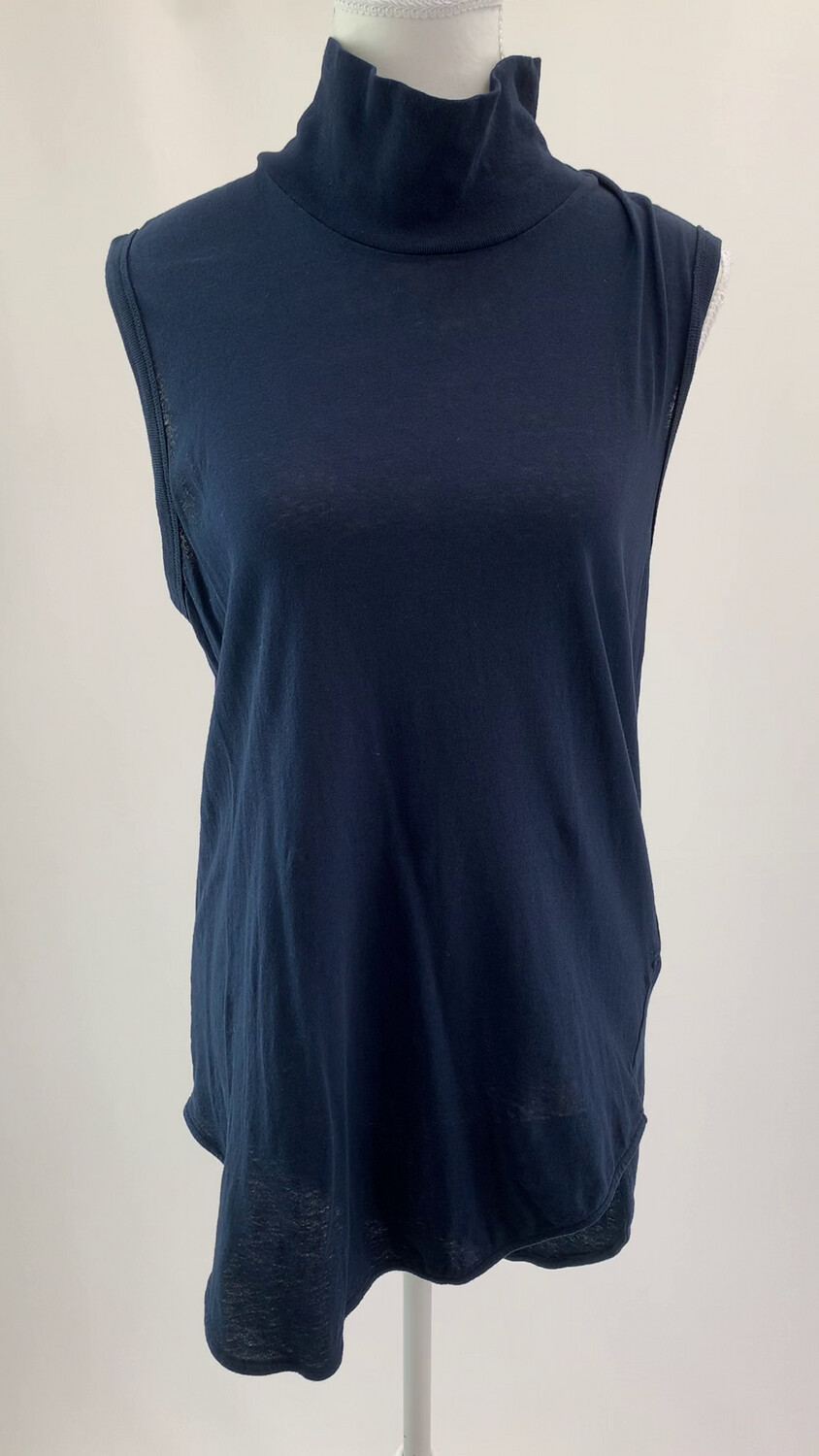 Bassike, Navy High Rib Neck S/Less Tee, Size XS