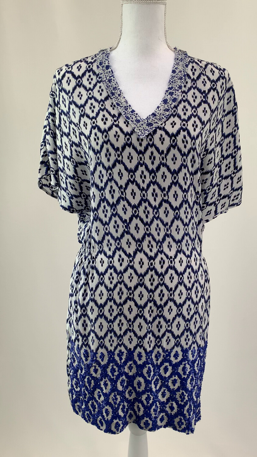 Stella Forest, White/Blues/Cobalt Sequin Embellished Hem V-Neck S/Slv Silk Dress W/Elastic Side Waist Detail, Size 38