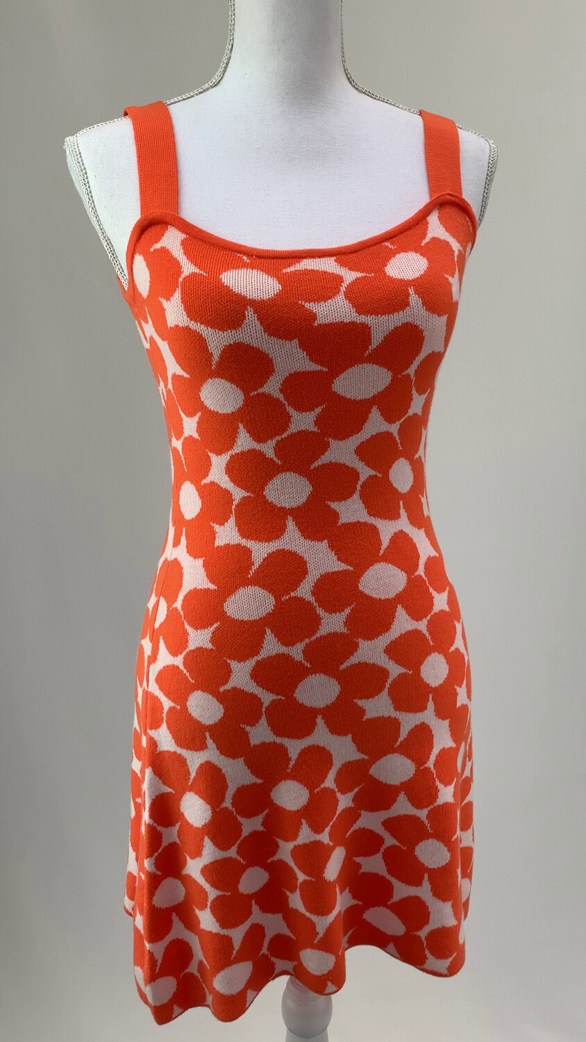 Interdee, Orange/White Floral Flare Hem Viscose Knit Strap Dress, Size M