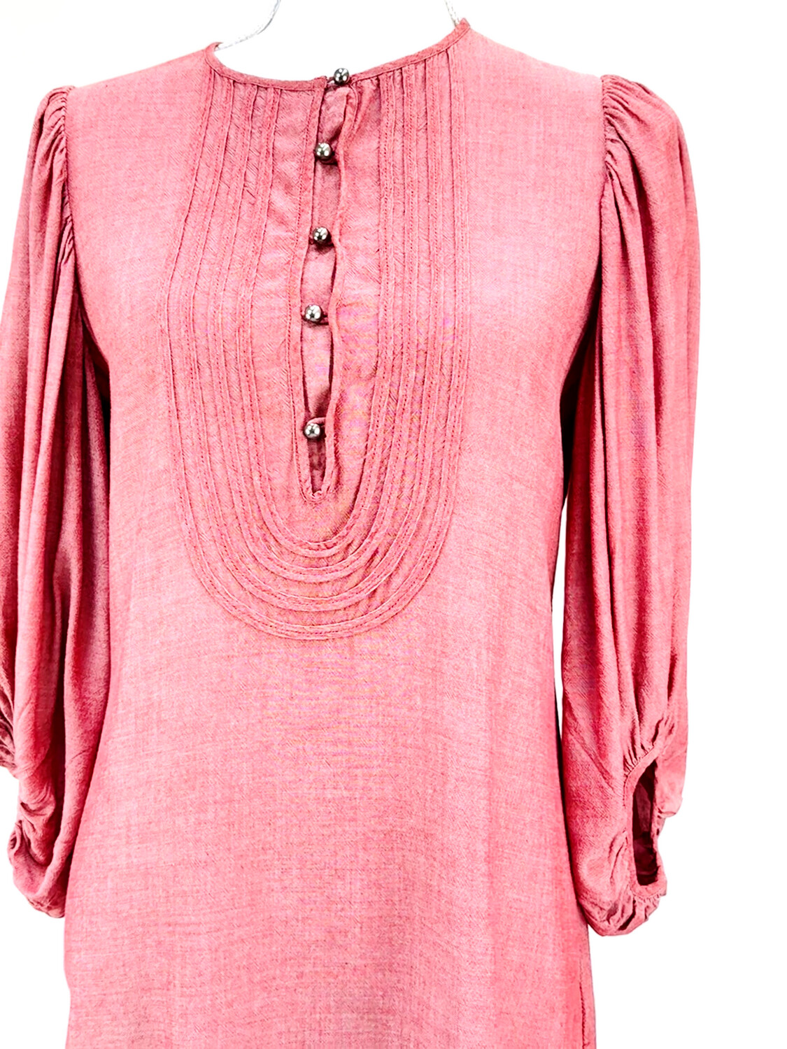 Arthur Galan, Red/White Shot Button Bib Neck Blouson 3/4 Slv Linen Dress, Size 6