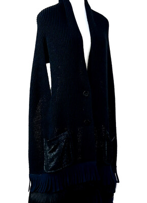 Tricot Chic, Black Wool Scarf Pocket Cardigan W/Tassel/Faux Fur Trims, Size OS