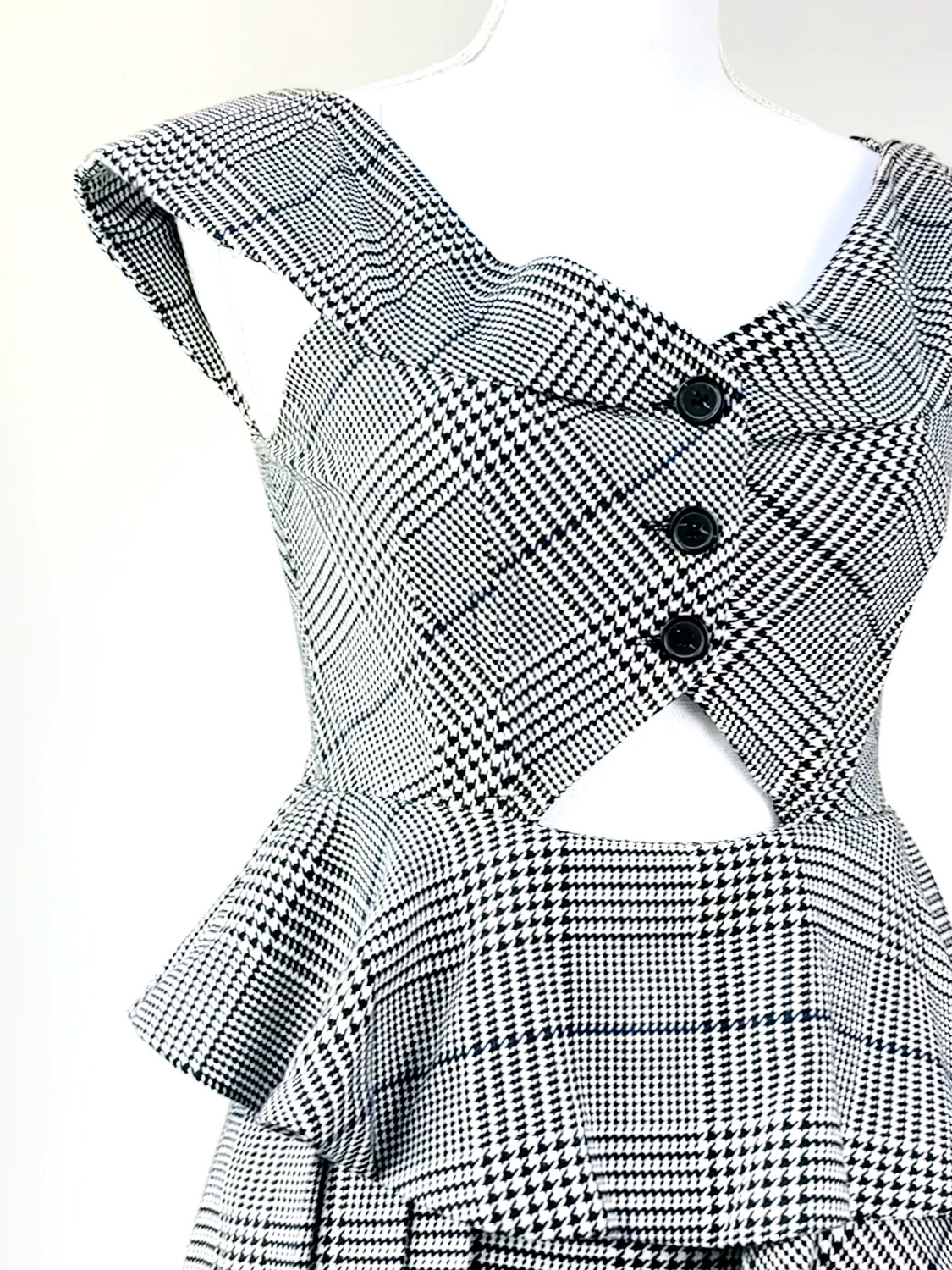 Self-Portraite, Black/White Check Button Cutout Fornt Off Shoulder Flare Hem Dress, Size US4/UK8