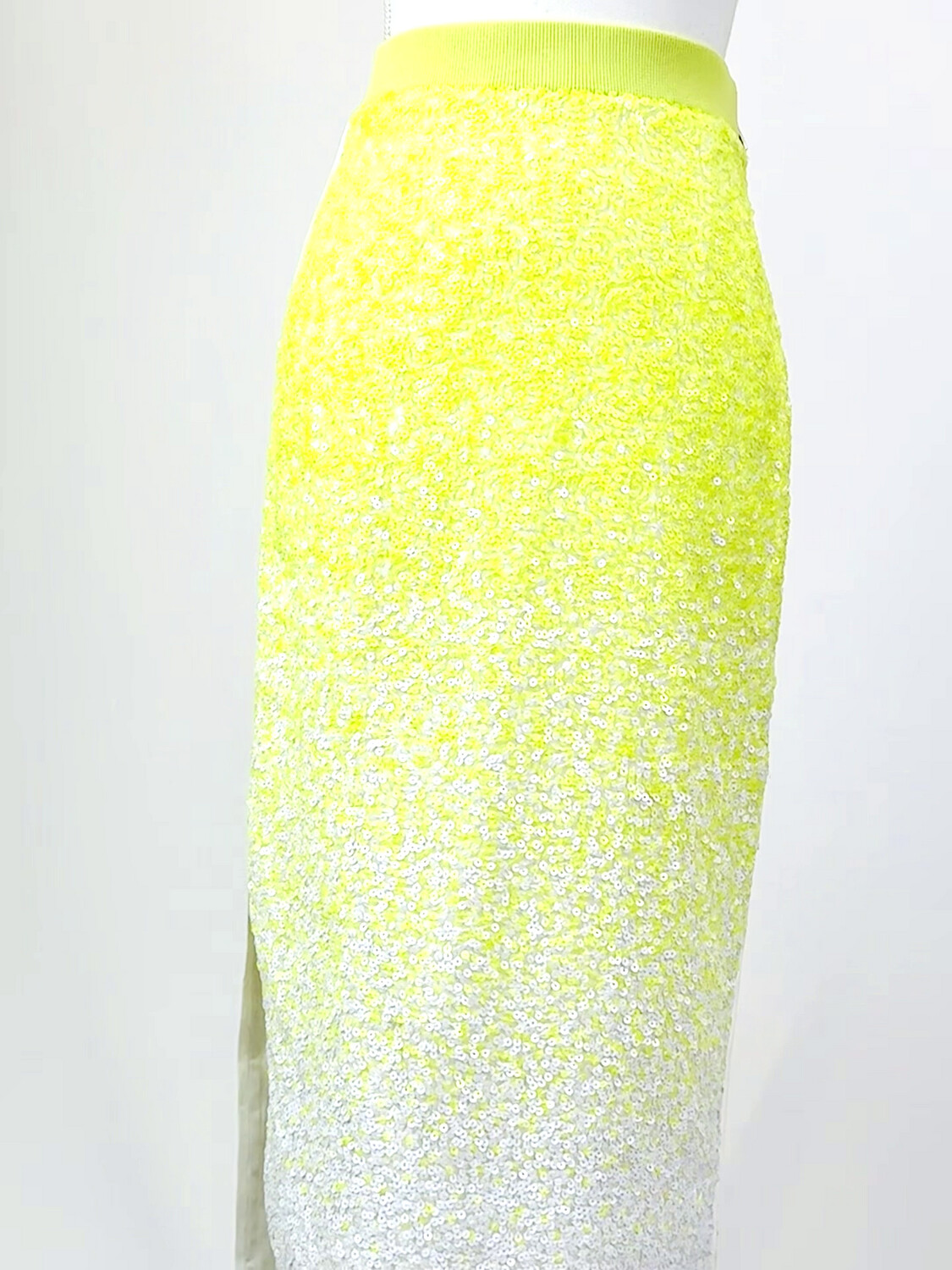 Sass &amp; Bide, White/Neon Yellow Sequin Embellished Side Slit Midi Skirt, Size 6