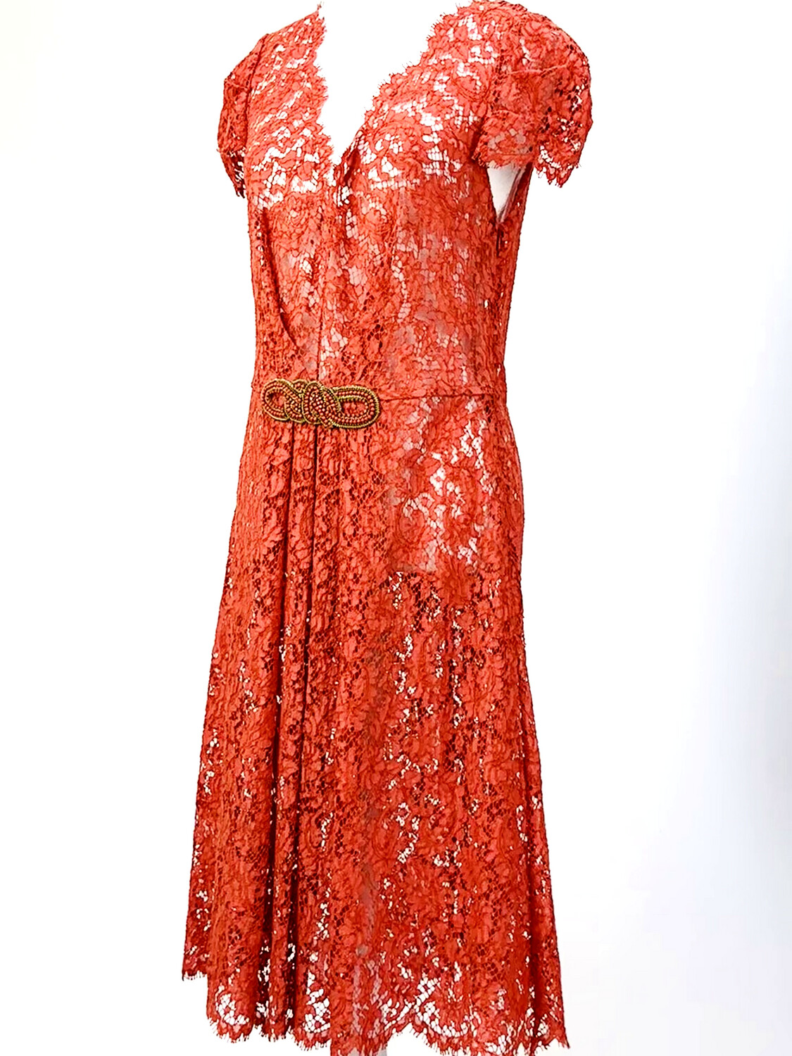 Collette Dinnigan, Orange V-Neck Pleat Beaded Waist Flare Hem Cap Slv Lace Dress W/Slip, Size L