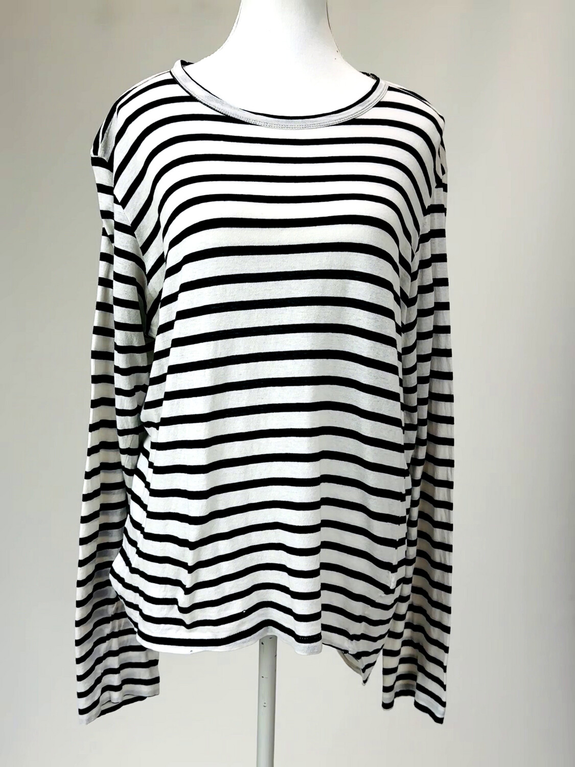Bassike, White/Black Stripe Asymmetrical Curve Hem L/Slv Top, Size S