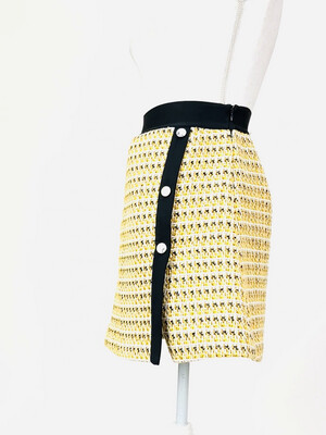 Maje, Yellow/Silver Button Tweed A-Line Skirt, Size M