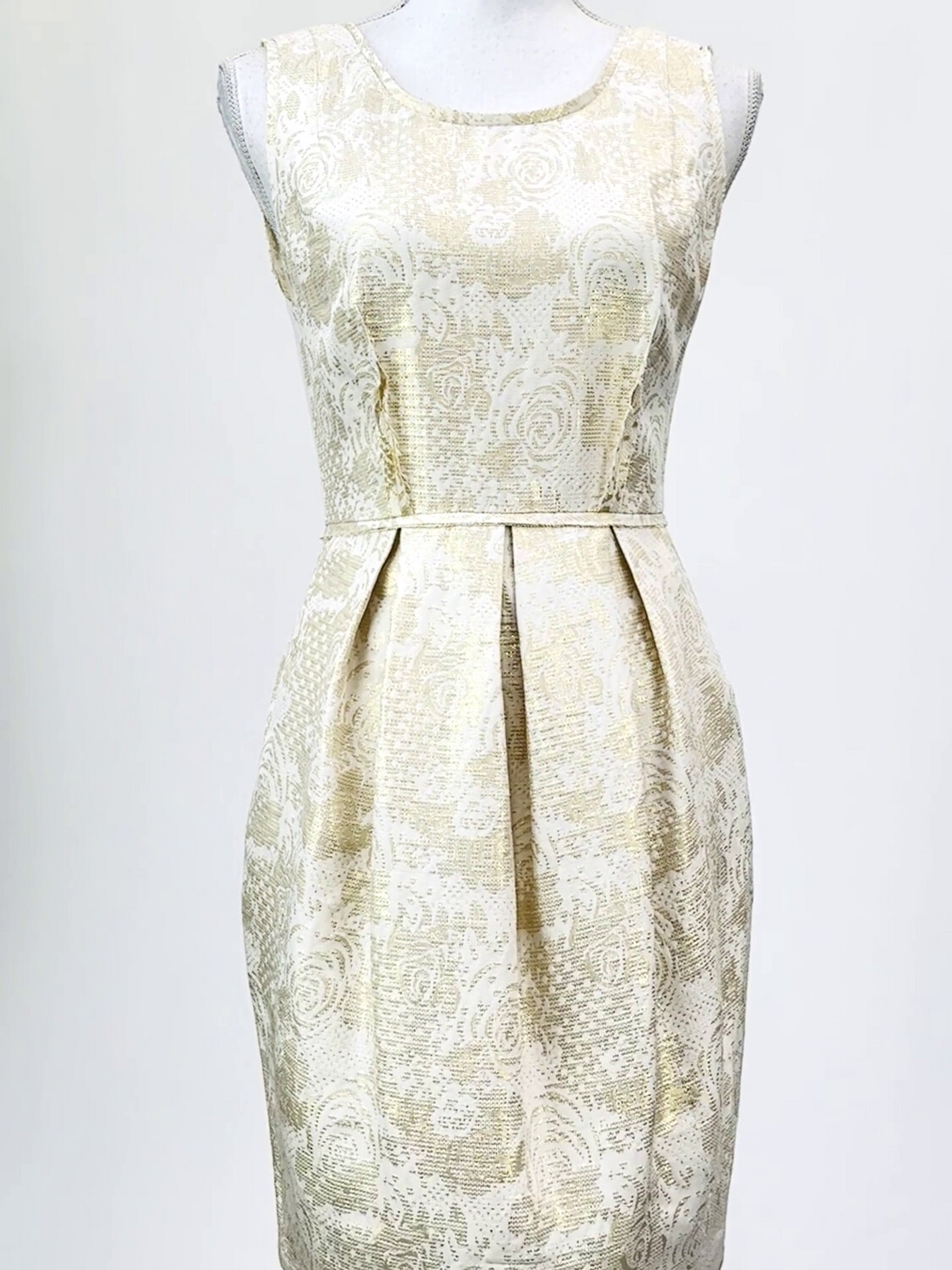 Ginger &amp; Smart, Ivory/Gold Lurex Brocade Pleated Waist S/Less Dress W/ Raw Seams, Size 8
