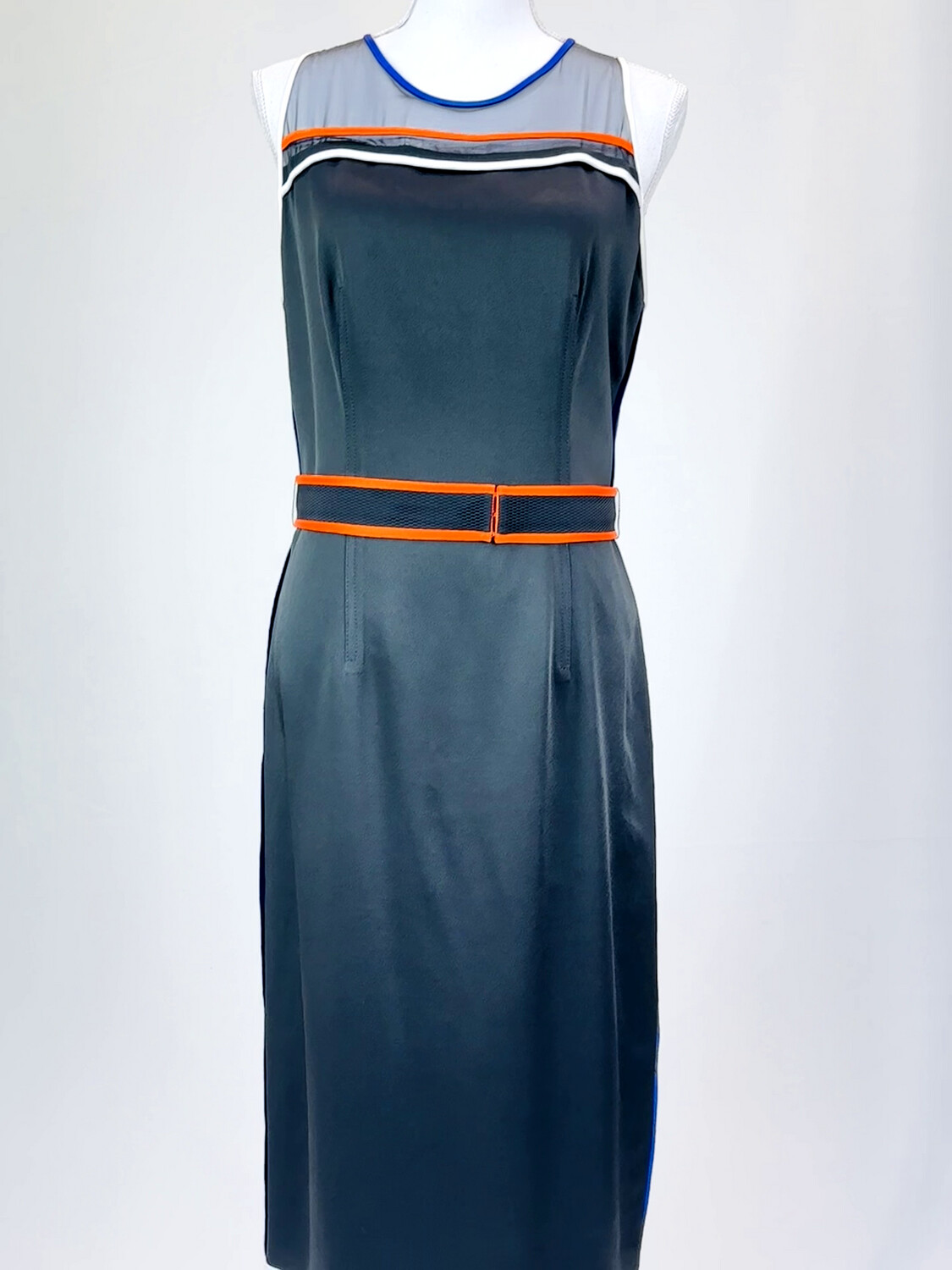 Boss Hugo Boss, Black/White/Purple/Orange Binding Trim, Mesh Inset Strap Midi Dress W/Belt, Size US8/UK12