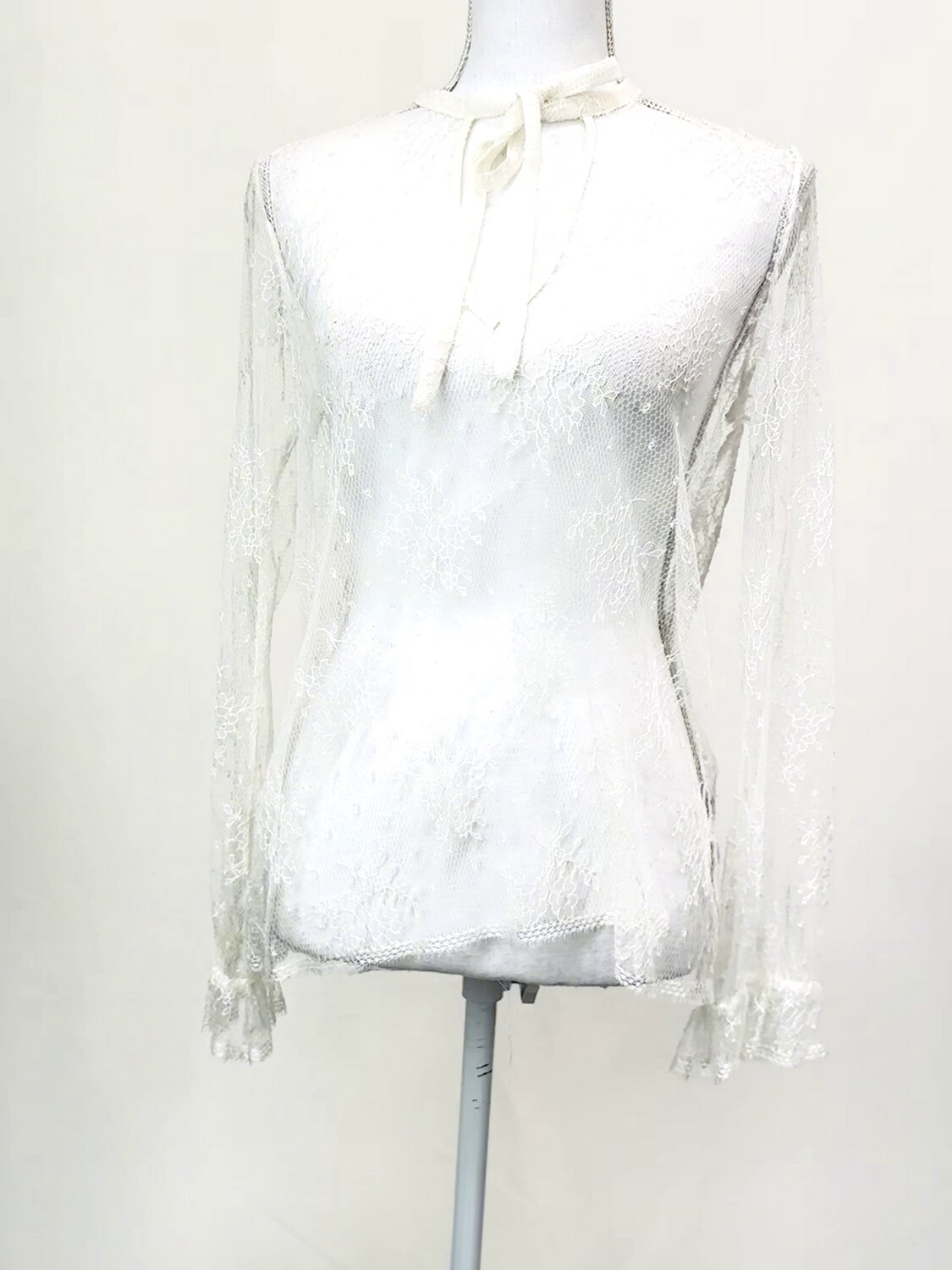 Scanlan Theodore, White Lace Tie Neck L/Slv Cotton/Silk Blend Top, Size 8
