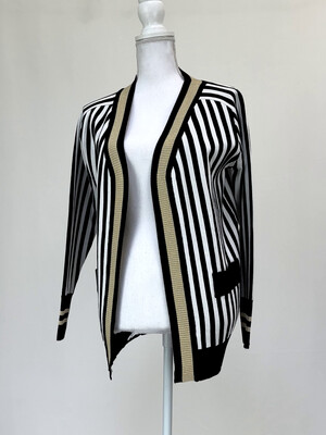 Jayleen, White/Black/Gold Lurex Rib Knit Trims Stripe Cardigan, Size M/L
