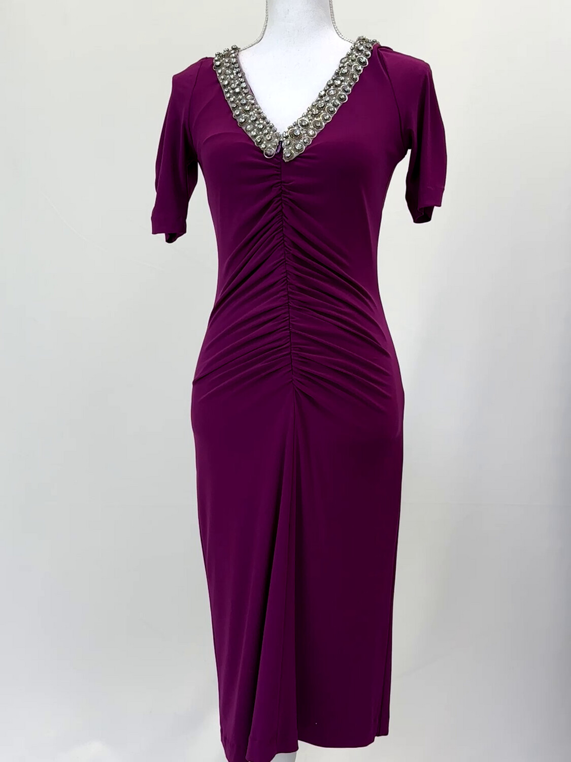 John Cavill, Purple Beaded V-Neckline Ruched 1/2 Slv Dress, Size 8