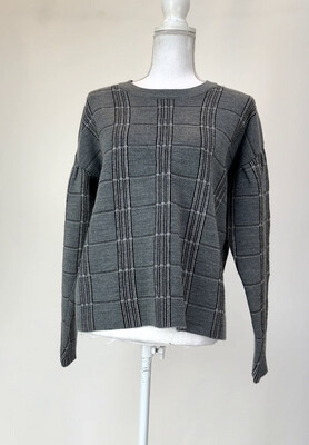 Maje, Greys/White/Black Check Pleat L/Slv Wool Blend Sweater, Size 3