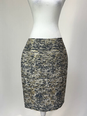 Carla Zampatti, Beige/Grey/Gold Metallic Print Textured Skirt, Size 10