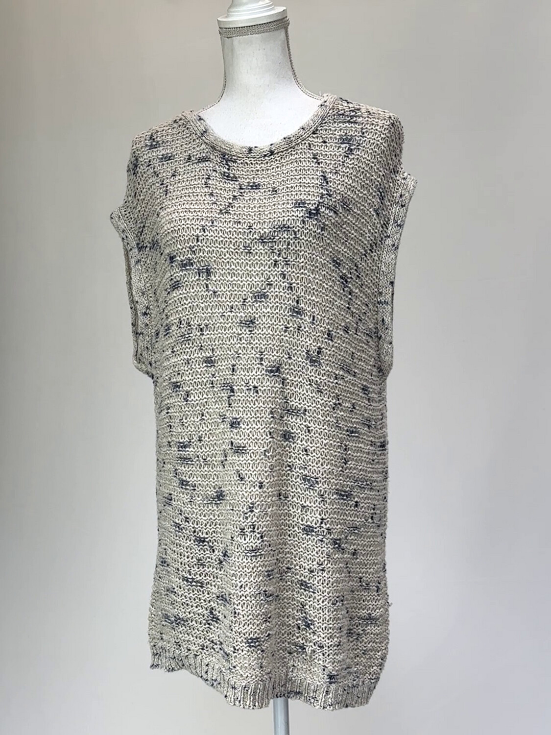 Skin &amp; Threads, Stone/Blue Patterned S/Less Longline Linen Blend Knit Top, Size 2
