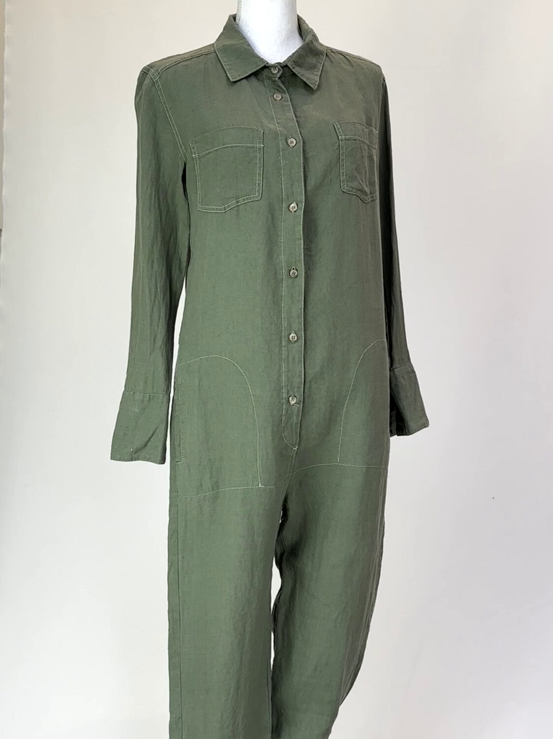 Seaside Tones, Green Linen Button Front Button L/Slv Jumpsuit, Size XS/S