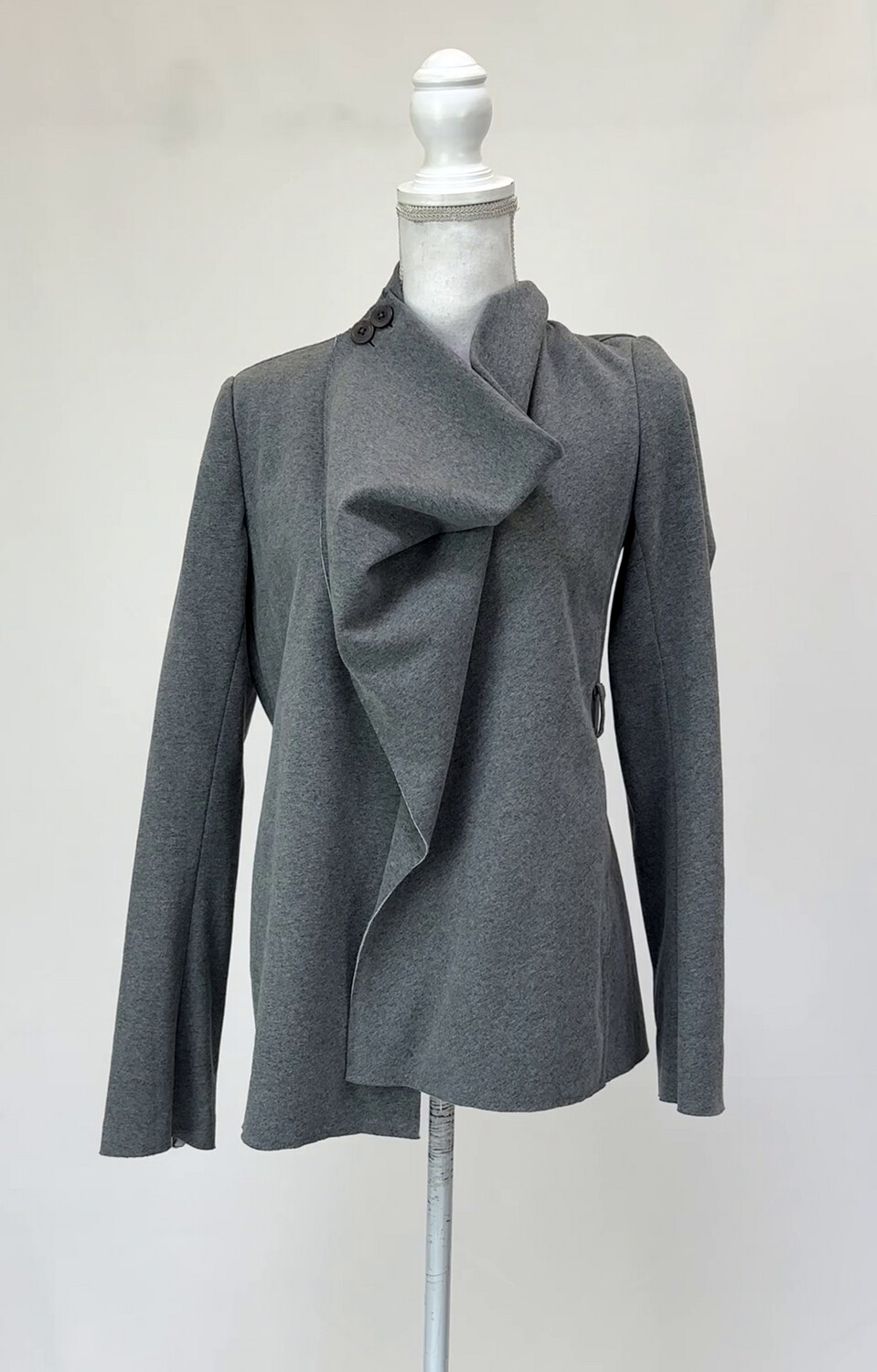Scanlan Theodore, Grey Marle Drape Button Neck Asymmetrical Wrap Jacket, Size 8
