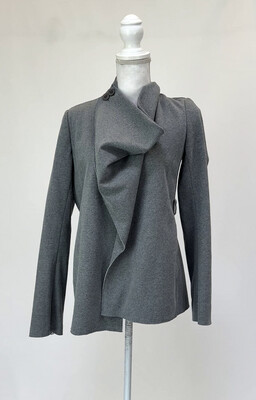 Scanlan Theodore, Grey Marle Drape Button Neck Asymmetrical Wrap Jacket, Size 8