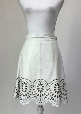 Lover, White Sheepskin Leather Laser-Cut Scallop Hem Skirt, Size 8