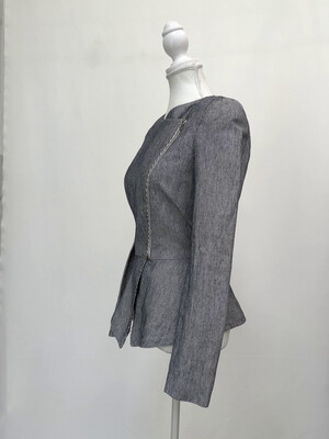 Willow, Navy/White Textured Stripe Asymmetrical Zip Peplum Linen Blend Jacket, Size 8