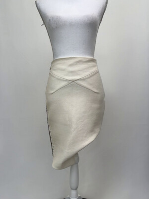 Manning Cartell, Cream/Silver Side Metal Beaded Trim Asymmetrical Darted Front Skirt W/Curved Hem, Size 8