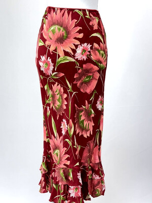 Trelise Cooper, Red/Orange Floral Frilled Hem Midi Skirt, Size 10