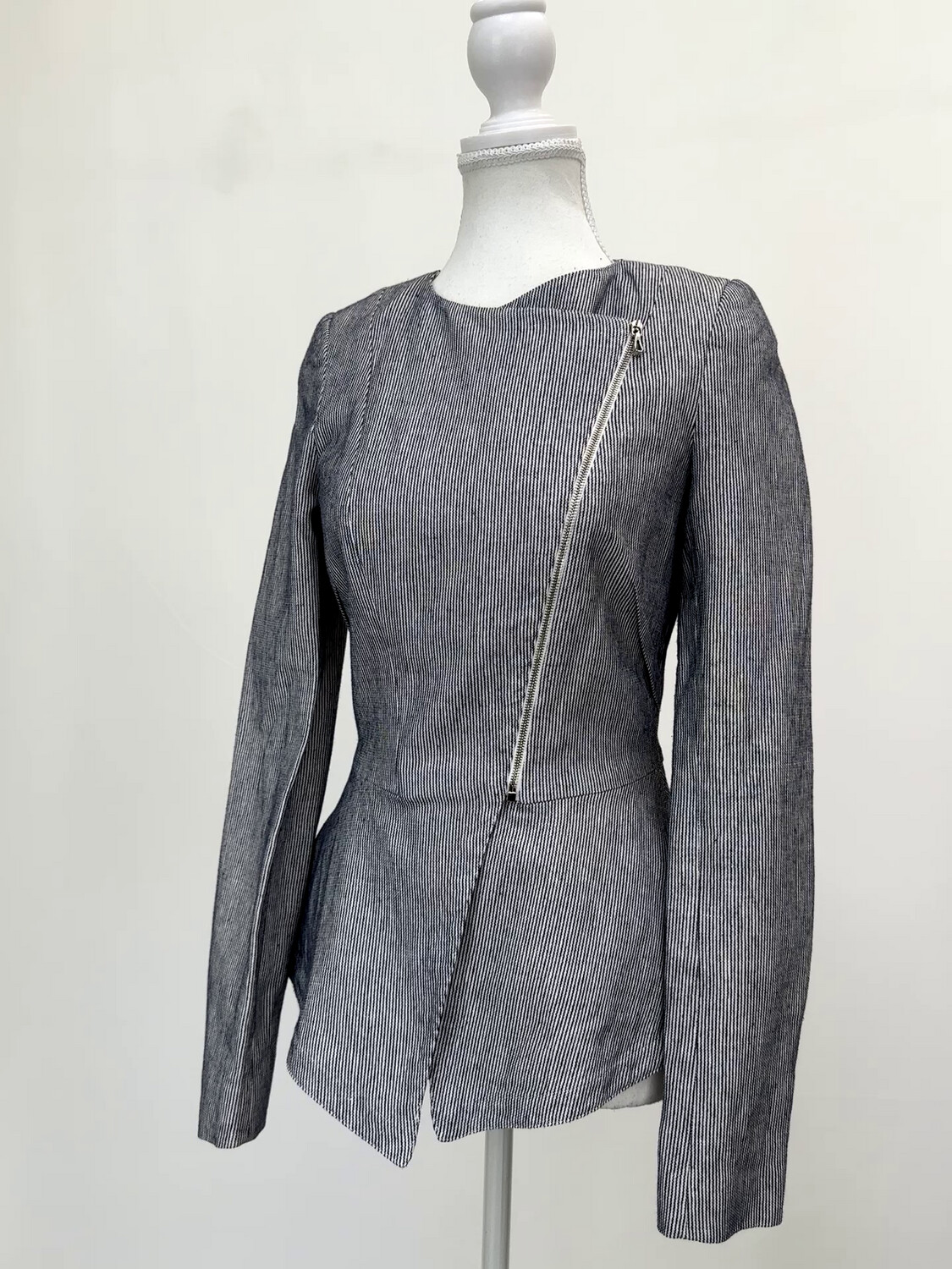 Willow, Navy/White Textured Stripe Asymmetrical Zip Peplum Linen Blend Jacket, Size 8