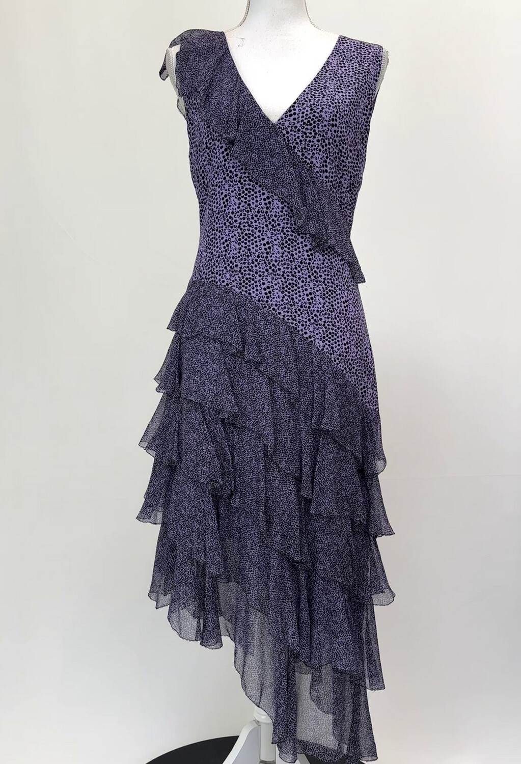Husk, Purple/Black Dot Print Dbl V Strap Neckline Asymmetrcal Frill Silk Midi Dress, Size S