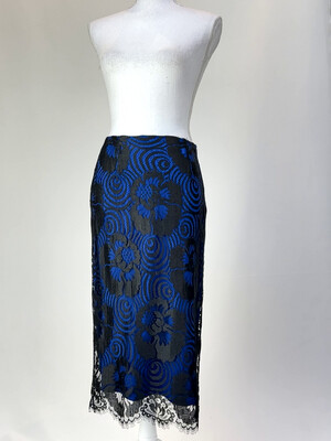 Collette Dinnigan, Black/Blue Lace Midi Skirt, Size S