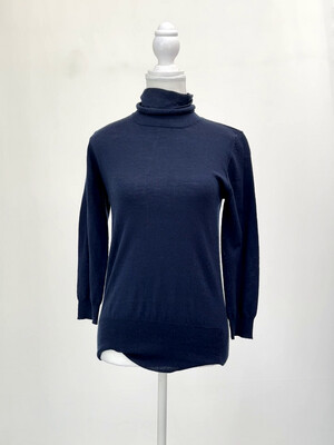 Frame Shirt, Navy Roll Neck Wool/Cashmere Blend Knit 3/4 Slv Sweater, Size XS