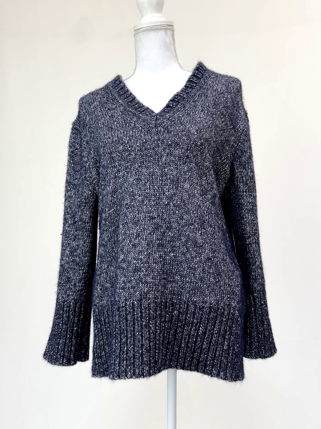 Scanlan Theodore, Navy/Grey Mixed Yarn Alpaca/Wool Blend Dbl V-Neck L/Slv Jumper, Size S