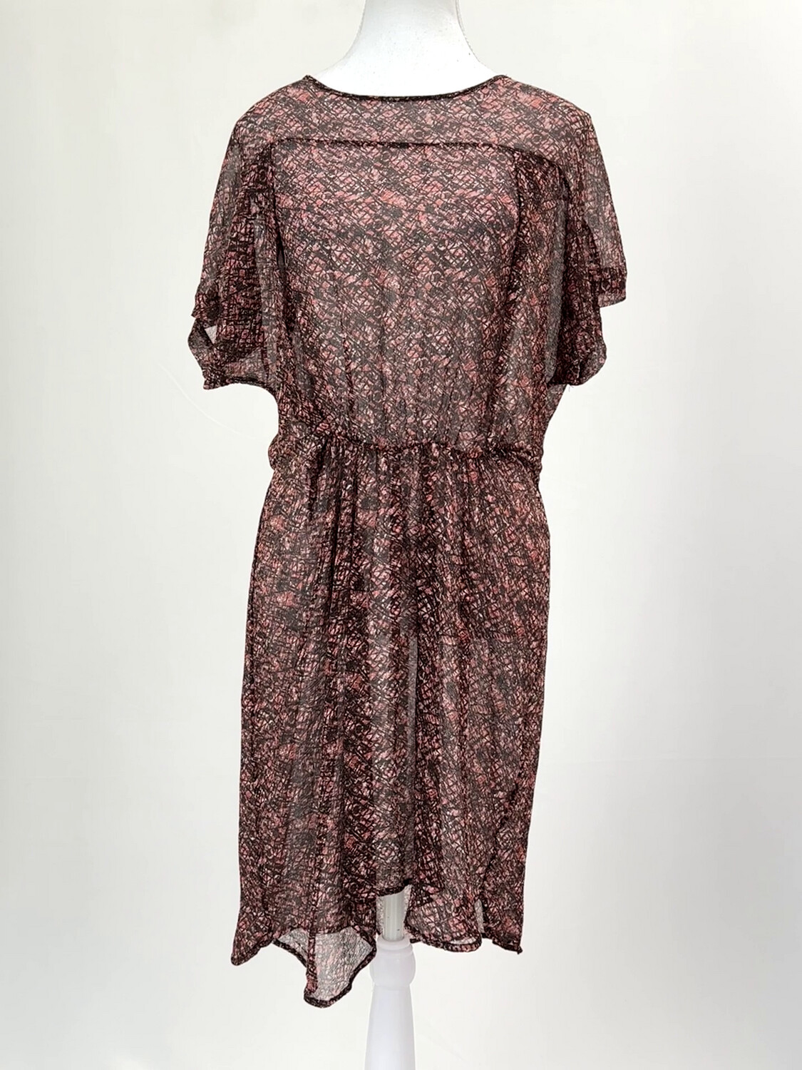 Lee Mathews, Browns/Orange Print Pleat Gathered S/Slv Silk Dress, Size 0
