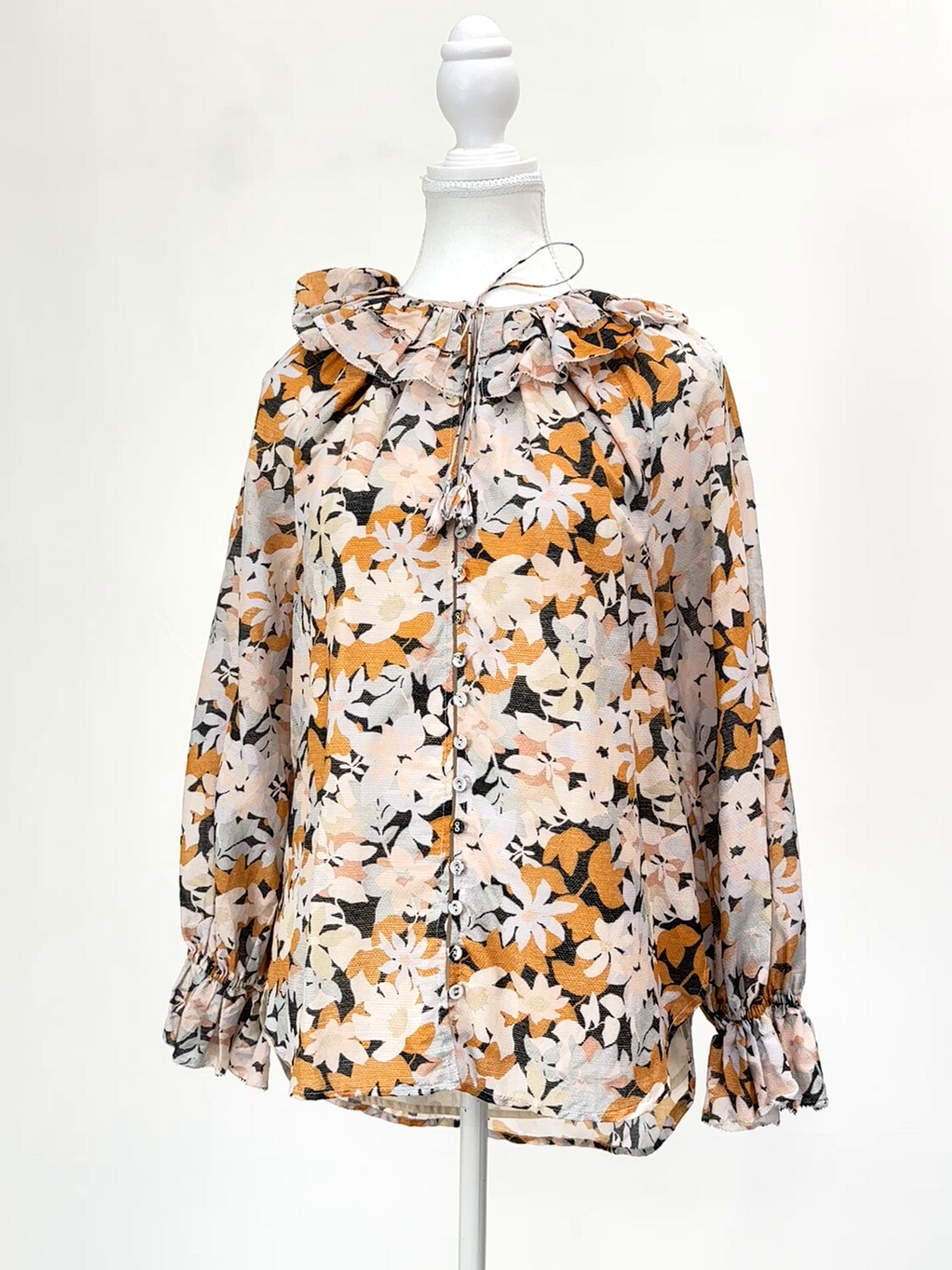 Magali Pascal, Blush/Orange/Black Frill Tie Neck Button-Up Blouson L/Slv Cotton/Silk Blend Blouse, Size XS/8