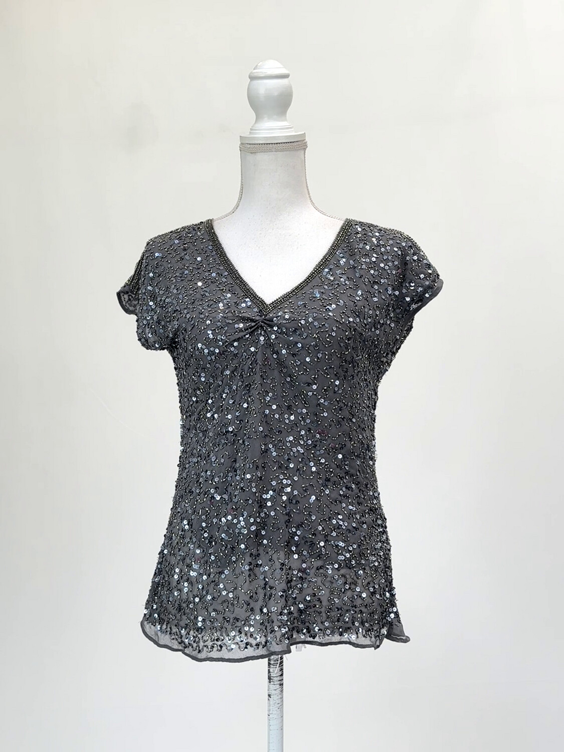 Beautiful Stories, Grey Bead Embellished V-Neck S/Slv Top, Size M