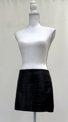 Are You Am I, Black Reptile Embossed Lambskin Leather Skirt, Size S