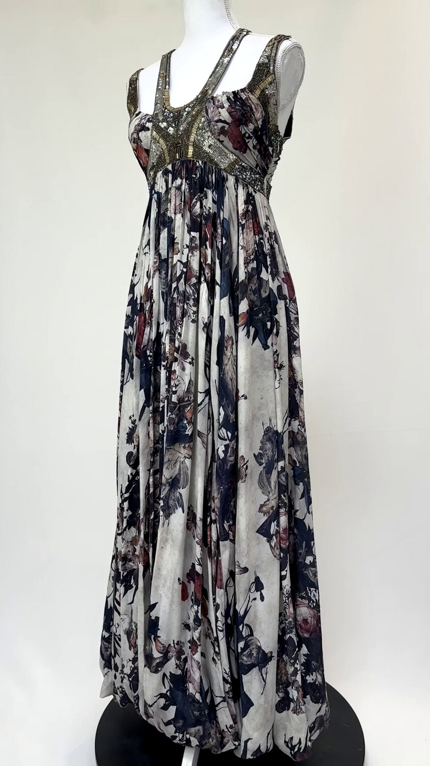 All Saints Spitalfields, Stone/Navy/Red Floral Beaded Drape Bubble Hem Maxi Silk Dress, Size 8