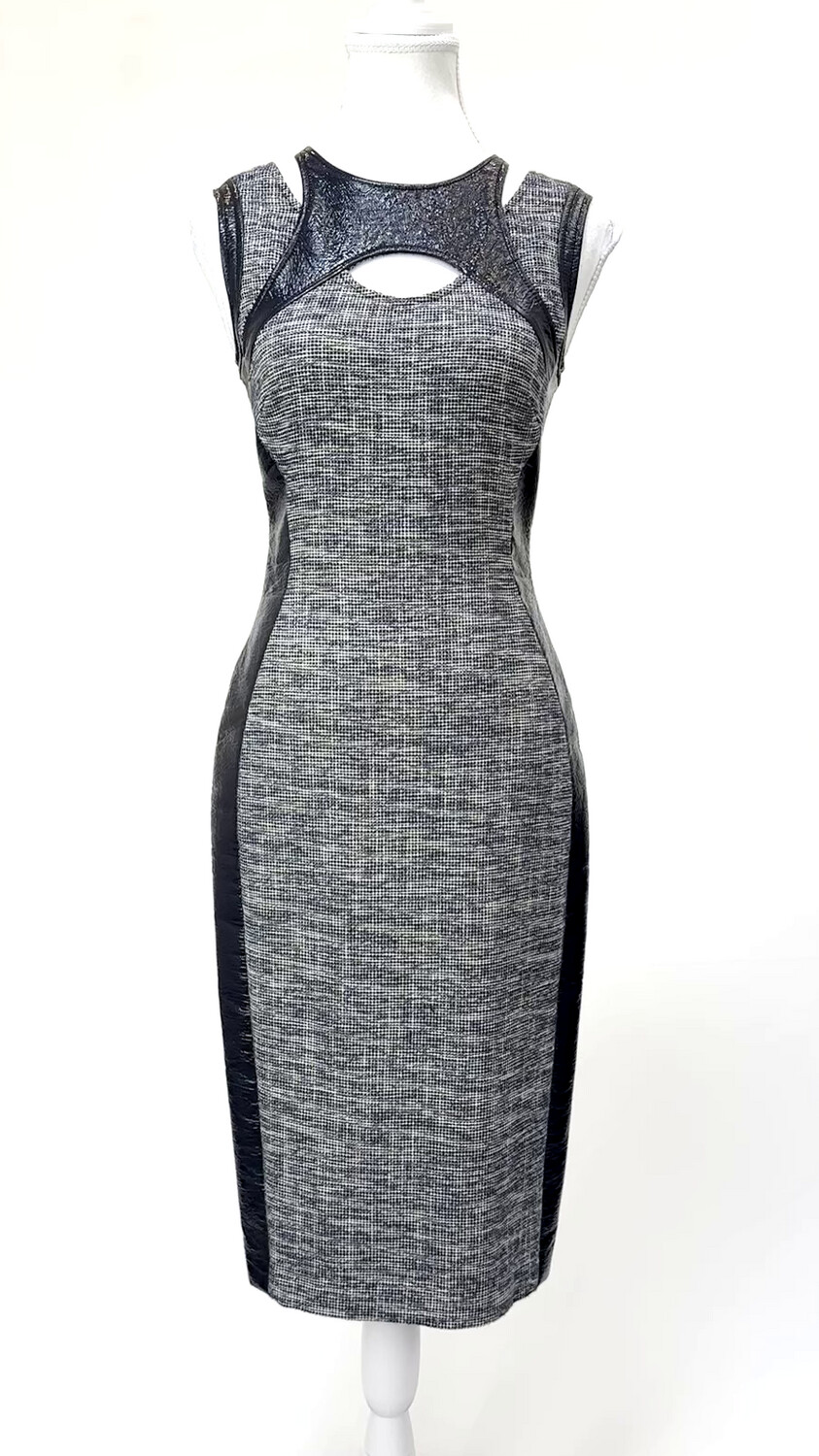 Arthur Galan, Navy/Stone Textured Woven Pu Contrast Panels Cut-Out Strap Midi Dress, Size 6
