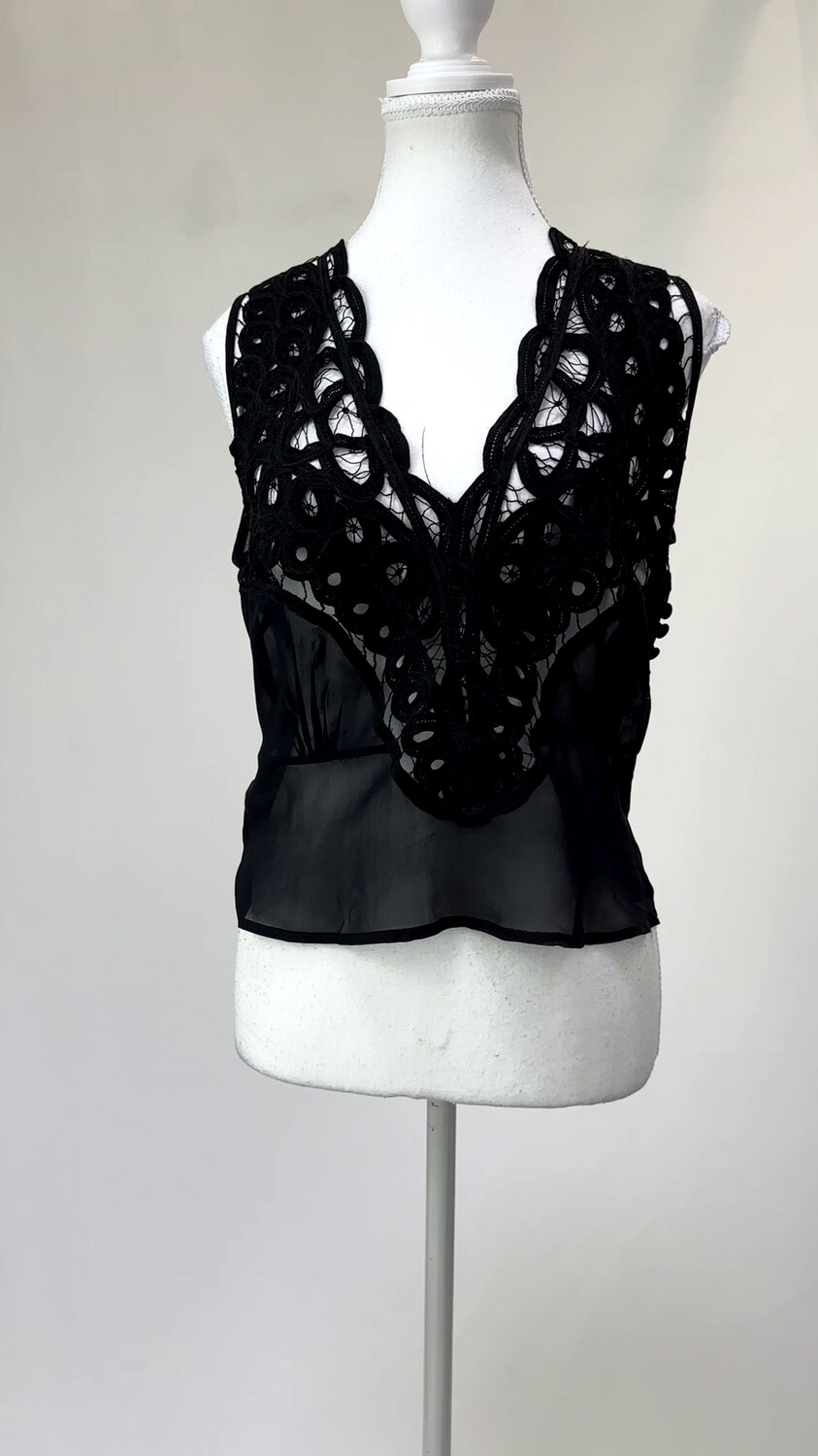 Thurley, Black Deep V-Neck Giupure Lace S/Less Top W/Cami, Size 12