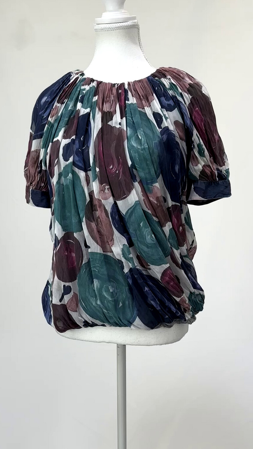 Boss Hugo Boss, Purples/Ivory/Blue Print Gathered Neckline S/Slv Silk Top, Size US10/UK12