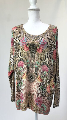 Camilla, Beige/Pinks/Multi Floral/Animal Viscose/Silk Blend Knit L/Slv Sweater, Size S