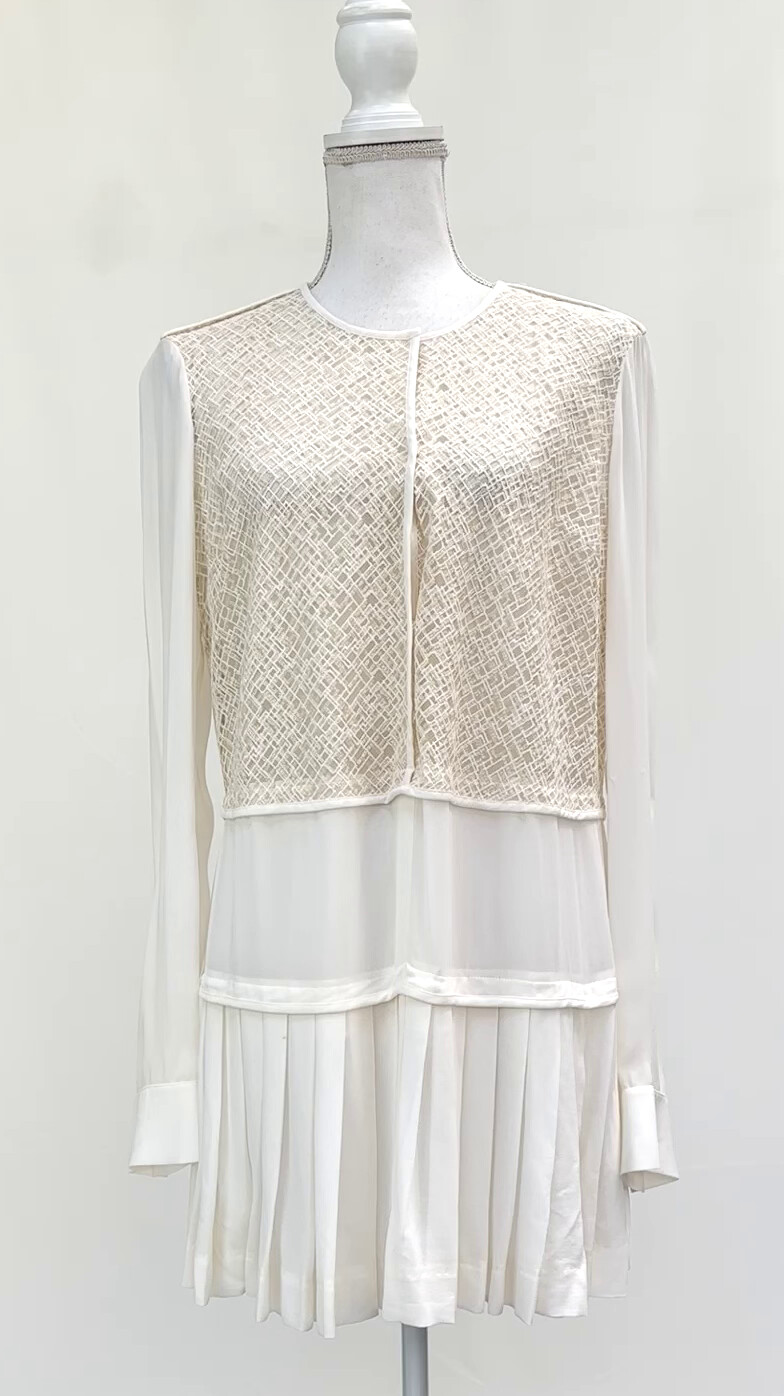 Derek Lam, White/Cream Lace Emboidered Panelled Snap Stud Button Front L/Slv Shirtdress W/Pleated Hem, Size US10/GB14