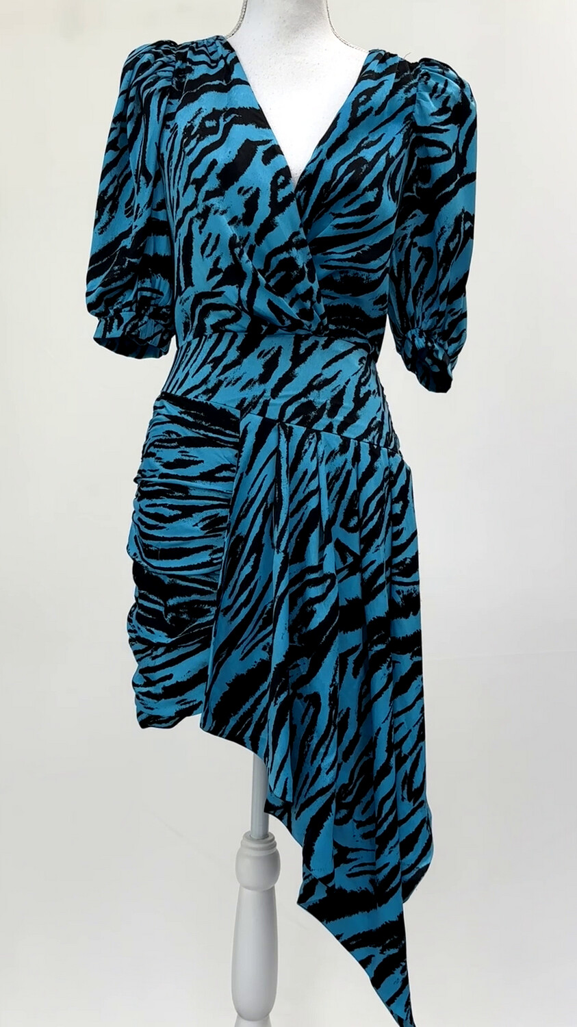 Ronny Kobo, Blue/Black Animal Print Crossover Neckline Asymmetrical Pleat Puff Slv Dress, Size XS