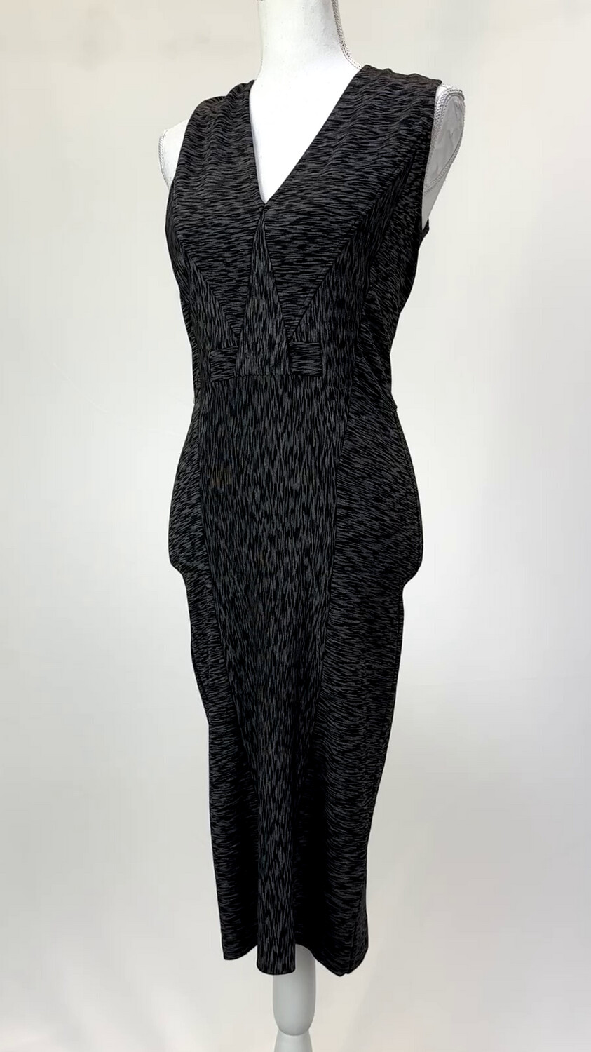 Scanlan &amp; Theodore, Black/Greys Mixed Yarn Viscose Crepe Knit Textured Patterned Panelled S/Less Mdi Dress, Size 8