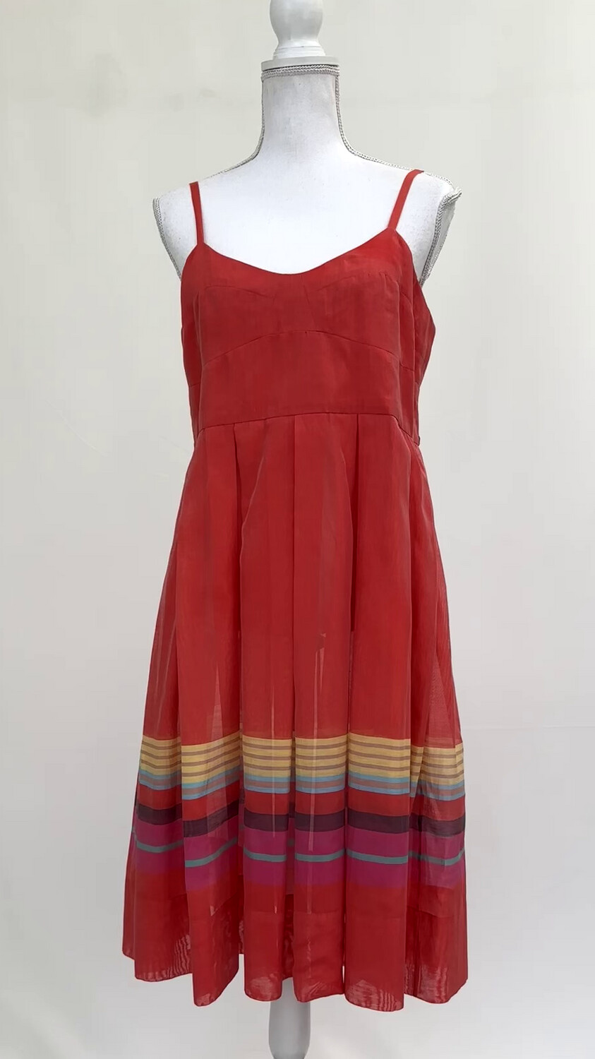 Scanlan Theodore, Orange/Multi Stripe Pleat Silk Strappy Full Hem Dress, Size 12
